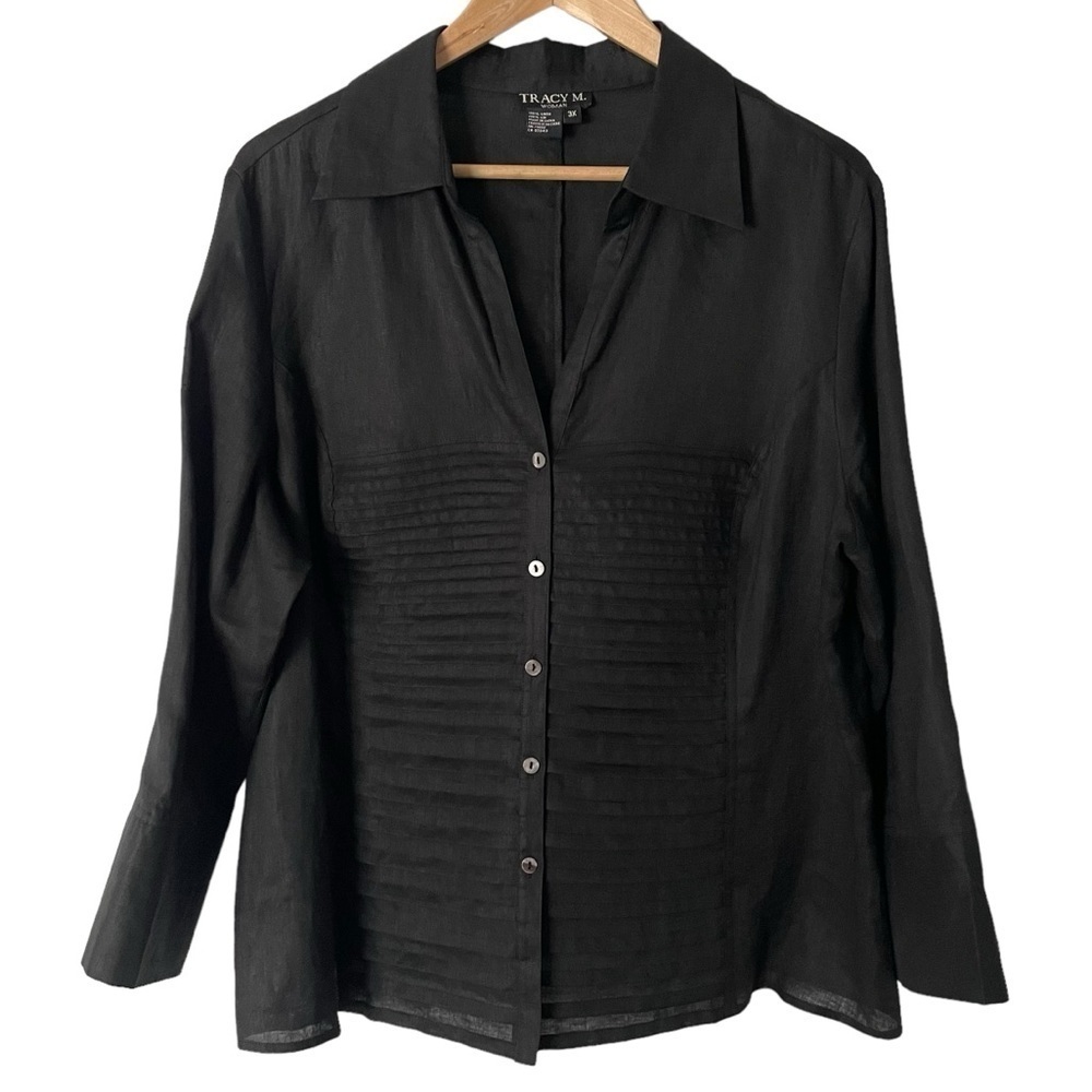 Tracy M 100% Linen Blouse Womens 3X Black Button Down Shirt Pleated Top EUC